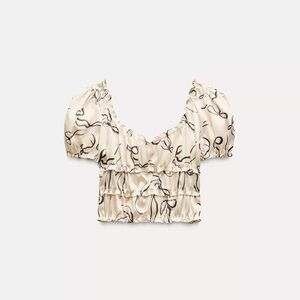 NWT Zara Satin effect crop babydoll top printed bows Cream color Sz M